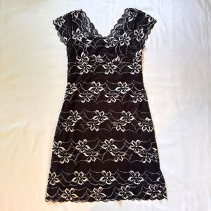 90s Vintage Lace And Sequin Beaded Mini Dress Onyx Nite Y2K Women's Size 6